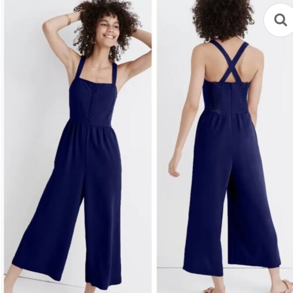 Madewell Jumpsuit Womens Size 2 Navy Blue Smocked Button-Front Wide Leg Cropped